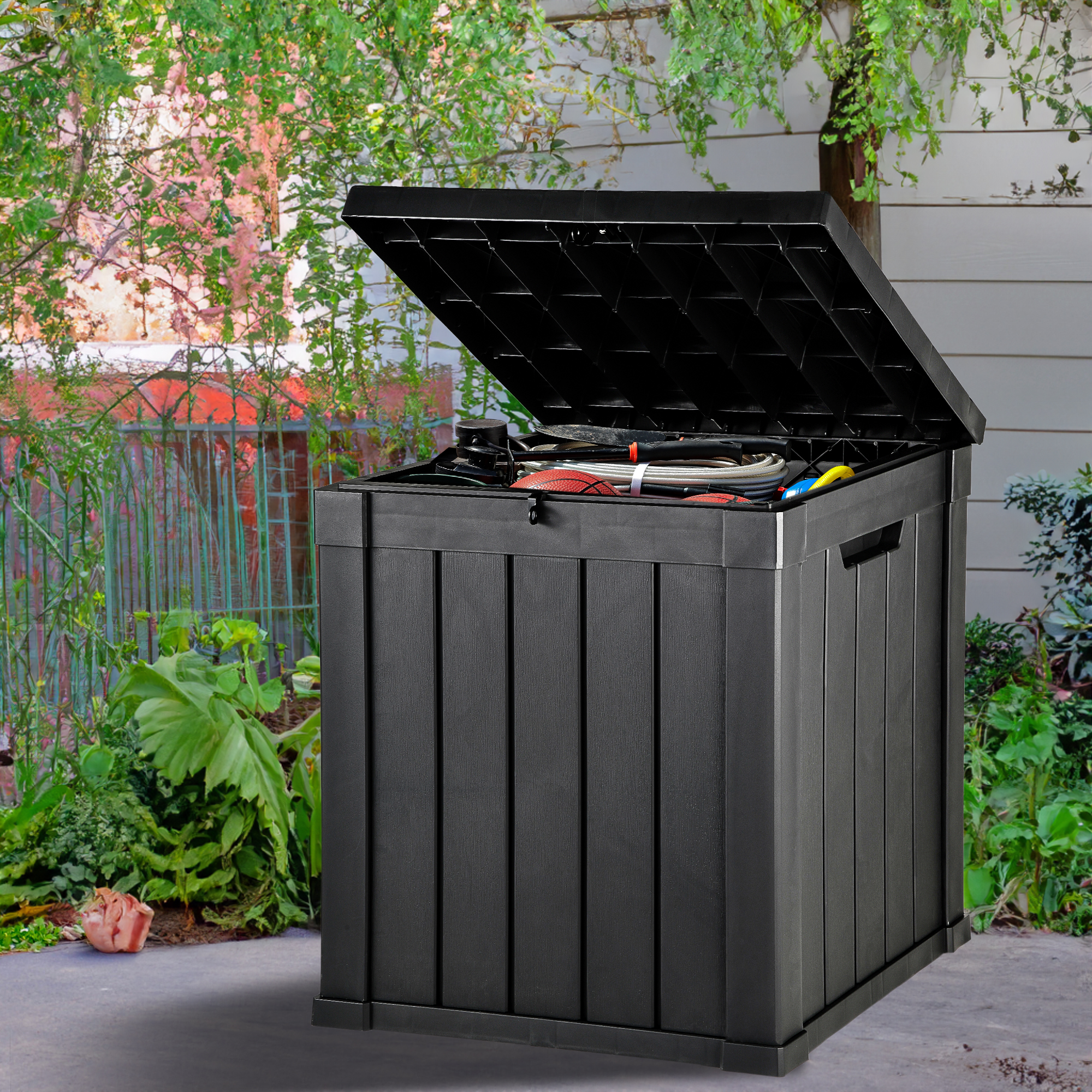 Uforic 51 Gallon Outdoor Resin Deck Box, Waterproof Storage Box with Lockable Lid \u0026 Side Handles, Black